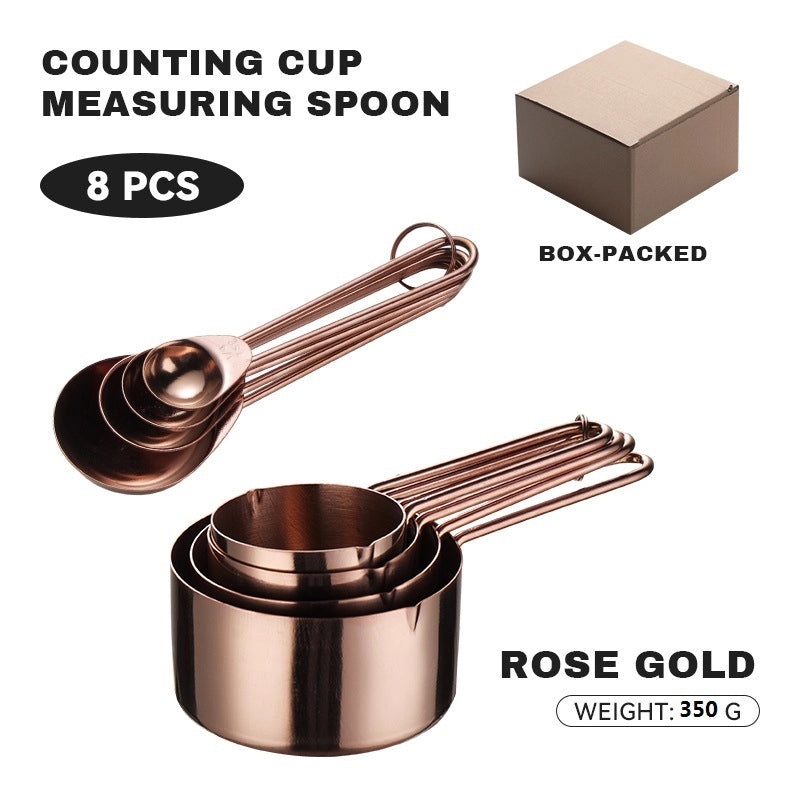 8-Piece Rose Gold Stainless Steel Measuring Cups and Spoons Set with Wire Handles and Scale | Kitchen Measuring Tools