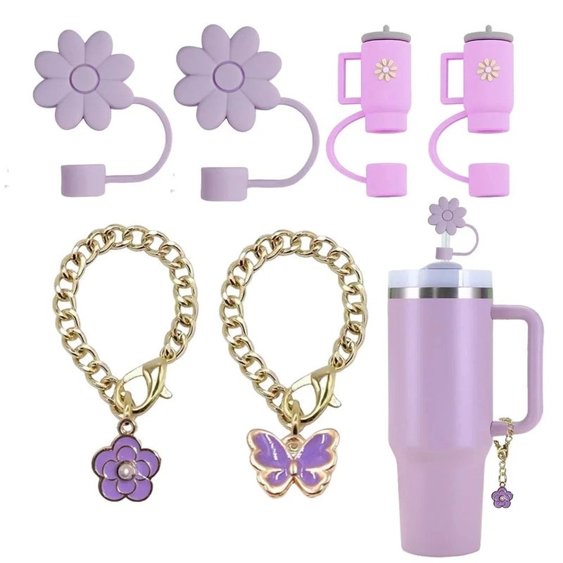 Pastoral Style Floral Metal Straw with Silica Gel Sleeve Decorative Cap Set | Kitchen & Dining Accessories