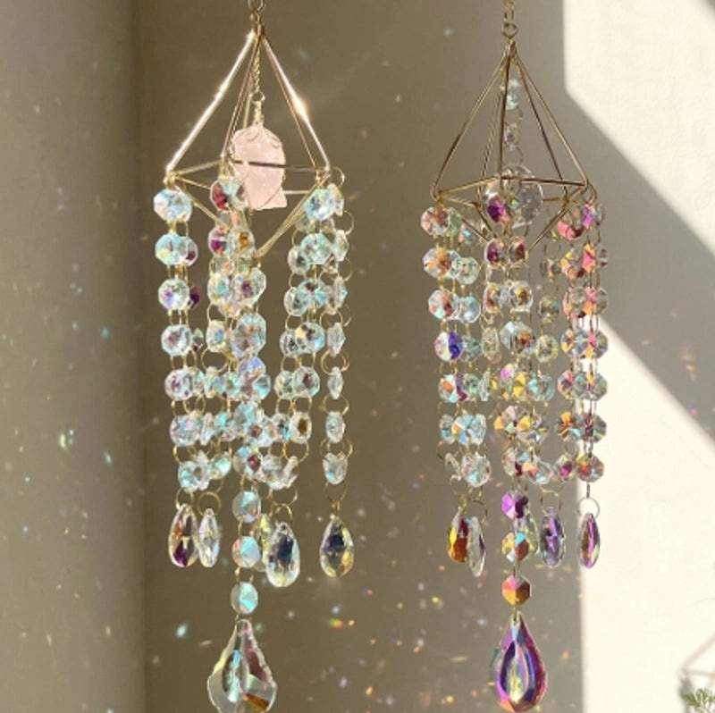 Minimalist Geometric Rose Quartz Crystal Suncatcher Wind Chime Wall Hanging|Home Decor