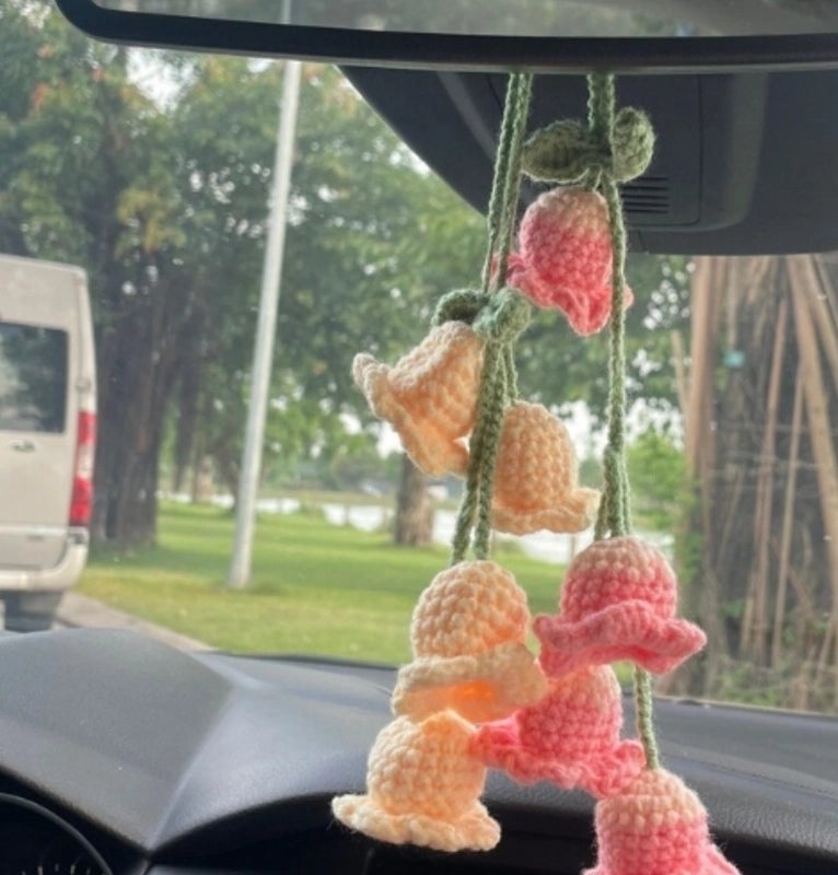 3 Pieces Hand-Crocheted Chlorophytum Yarn Potted Ornaments for Car Rearview Mirror | Car Accessories