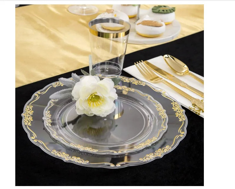 Disposable Transparent Plates with Gold Rim 7.5" & 10.25" | Party Tableware Disposable Plastic Plates