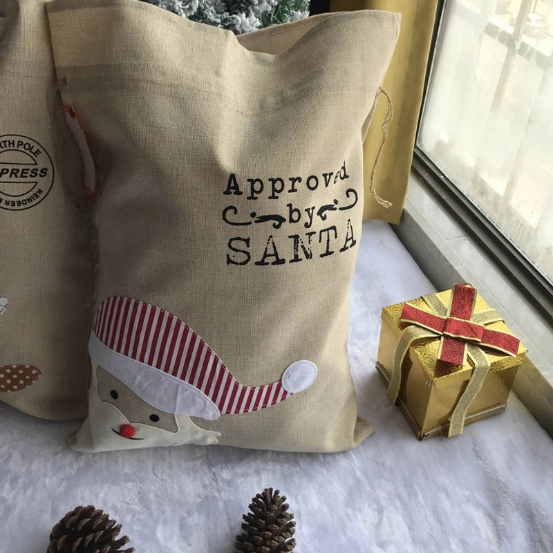 Christmas Holiday Santa Claus and Reindeer Linen Gift Bags for Party Favors | Holiday Party Supplies