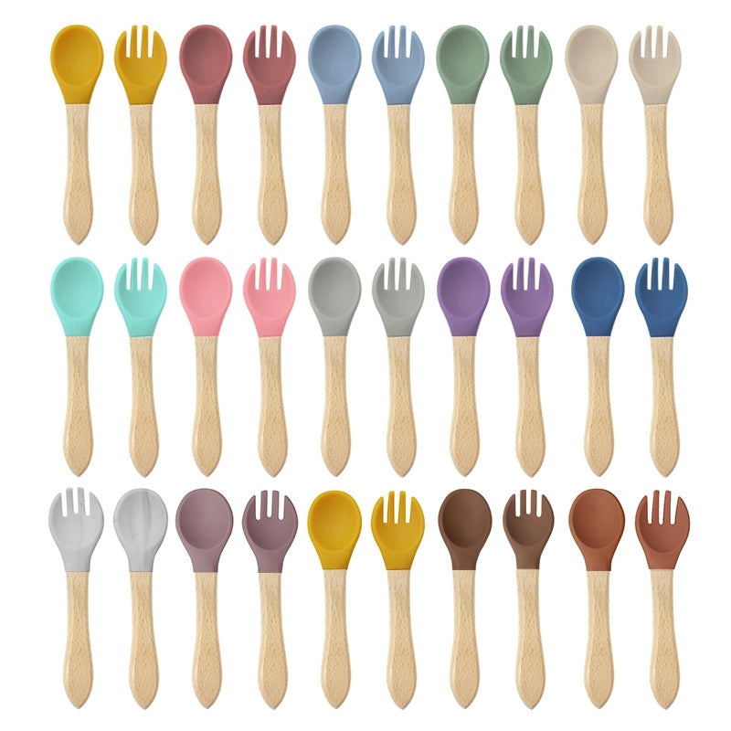 Wood and Silicone Spoon Fork Set, 2 Pieces Casual Solid Color | Kitchen Utensils & Cutlery