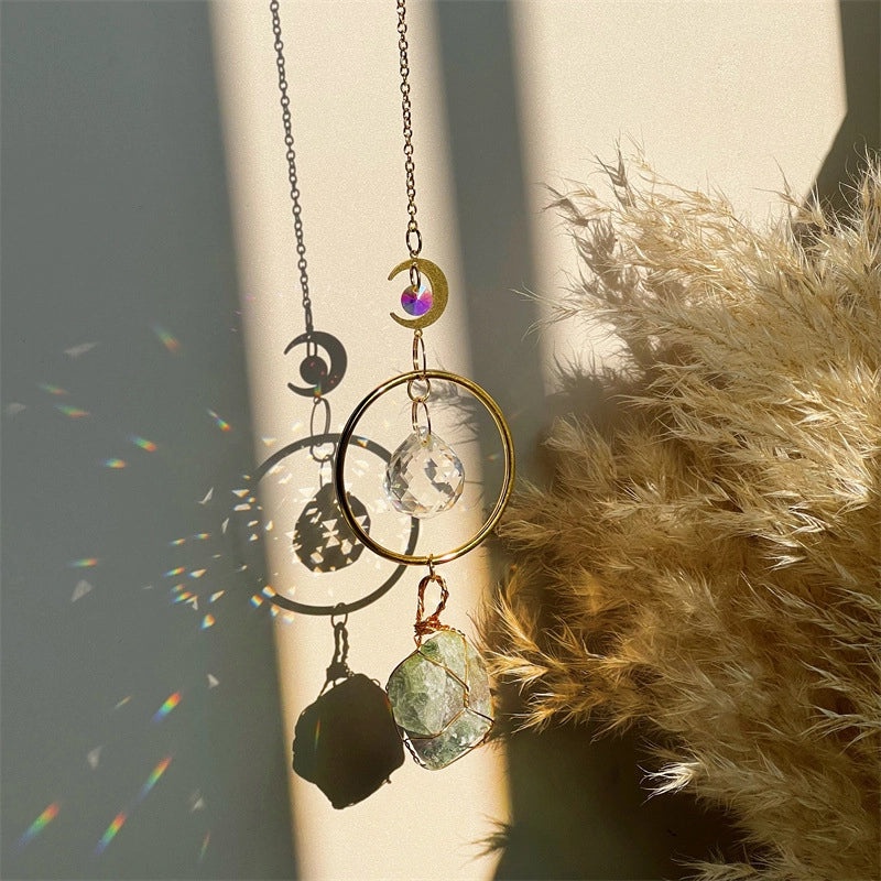 Minimalist Geometric Moon Crystal Suncatcher Wind Chime | Home Decor