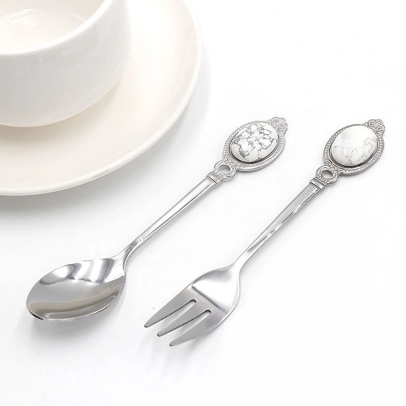 Vintage Solid Color Stainless Steel Spoon with Natural Stone Handle | Kitchen Utensils & Cutlery