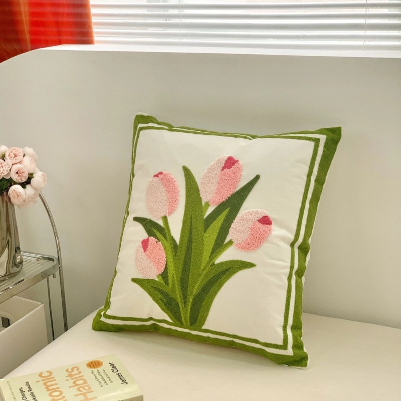 Green Botanical Tulip Embroidered Sofa Cushion Pillow for Living Room | Home Decor Cushions