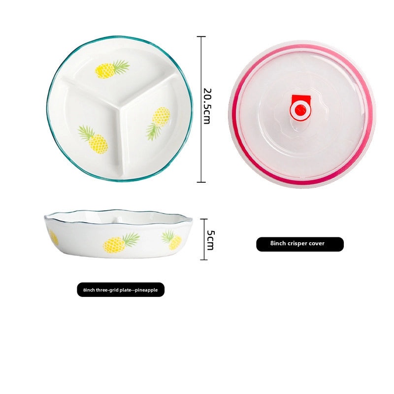 Ceramic Three-Compartment Bowl with Lid Microwave Safe Heat-Resistant Lunch Box Snack Plate|Kitchen & Dining