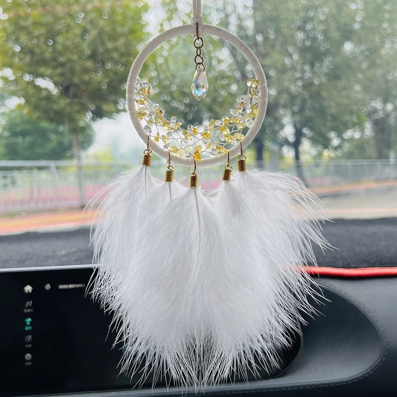 Car Rearview Mirror Hanging Dreamcatcher with Feather and Crystal Stones | Car Interior Ornaments