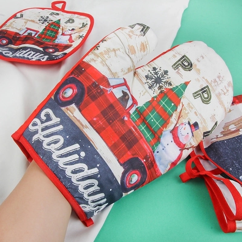 Christmas Cartoon Fabric Heat-resistant Gloves and Placemat Set|Kitchen Accessories