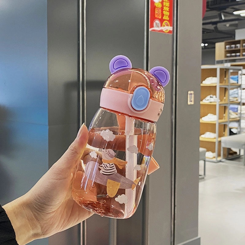 Cartoon Bunny Straw Cup with Rope for Kids Toddlers Students Drop-resistant Plastic Drinking Bottle|Kids Drinkware