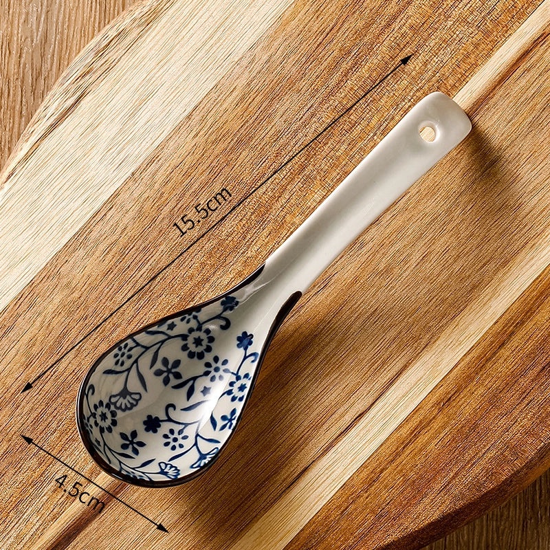 Unisex Ceramic Soup Spoon Kitchen Dining Utensil Blue White Cartoon Pattern