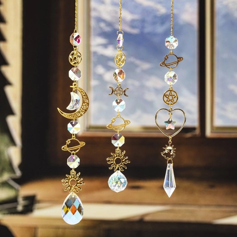 Minimalist Star and Moon Crystal Metal Suncatcher Wind Chime for Home Décor | Home Decor & Accessories