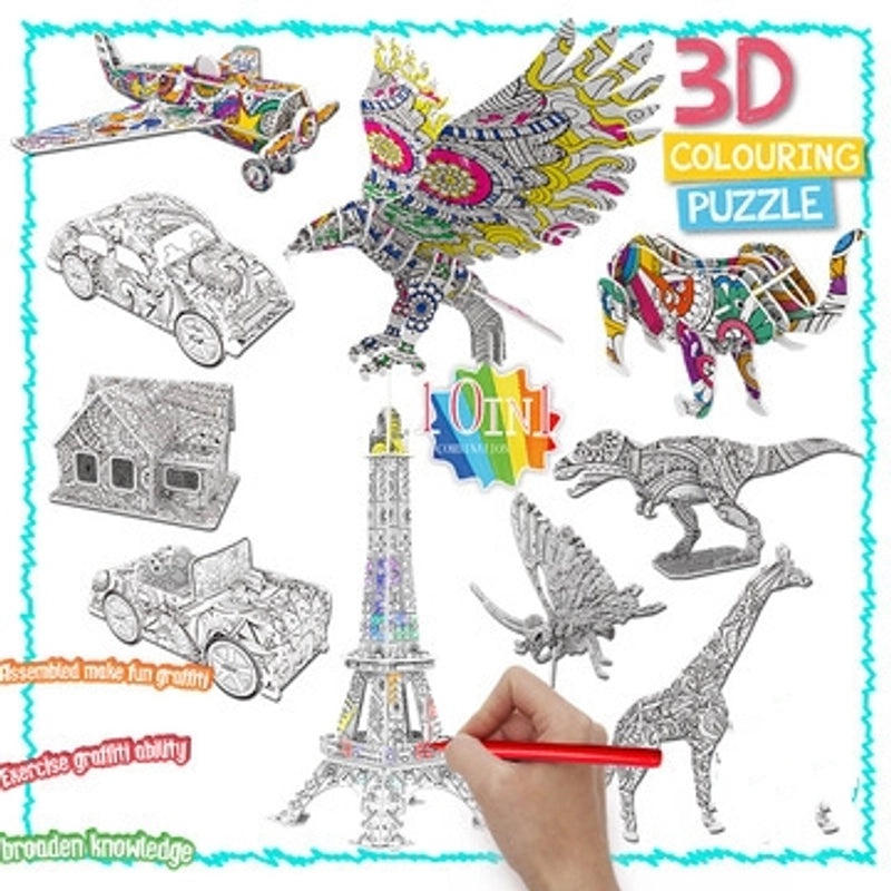 Kids 3D Dinosaur Graffiti Puzzle Toy Set DIY Animal Car House Painting Craft | Children's Creative Toys
