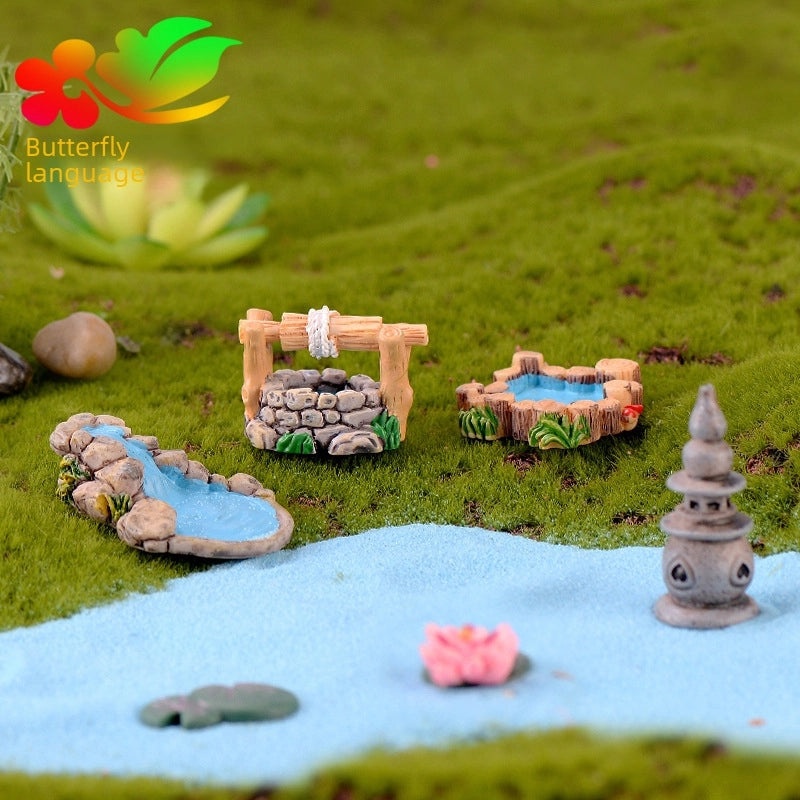 Micro Landscape Retro Antique Resin Miniature West Lake Scene Decoration with Lighthouse, Well, Bridge, Water Grass|Home Decor Miniatures