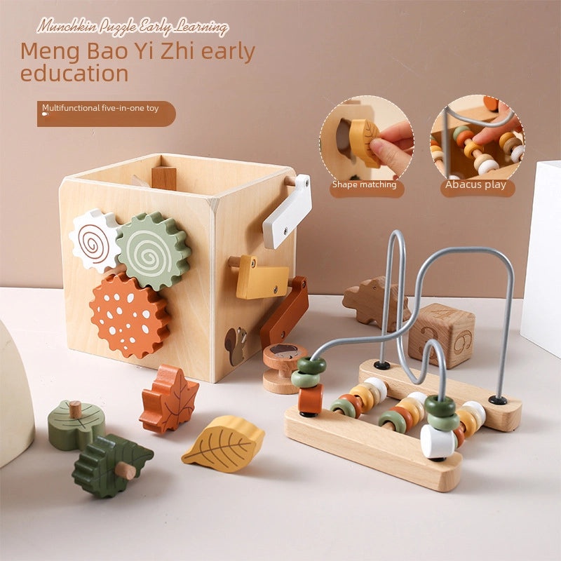 Children's Wooden Round Bead Shape Five-in-One Educational Busy Box Toy for Cognitive Development|Educational Toys