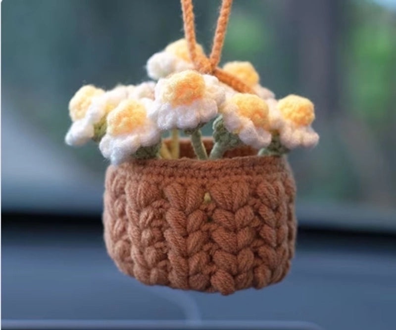 3 Pieces Hand-Crocheted Chlorophytum Yarn Potted Ornaments for Car Rearview Mirror | Car Accessories