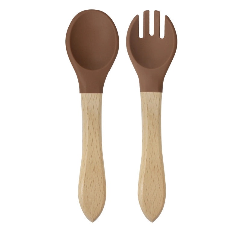 Wood and Silicone Spoon Fork Set, 2 Pieces Casual Solid Color | Kitchen Utensils & Cutlery