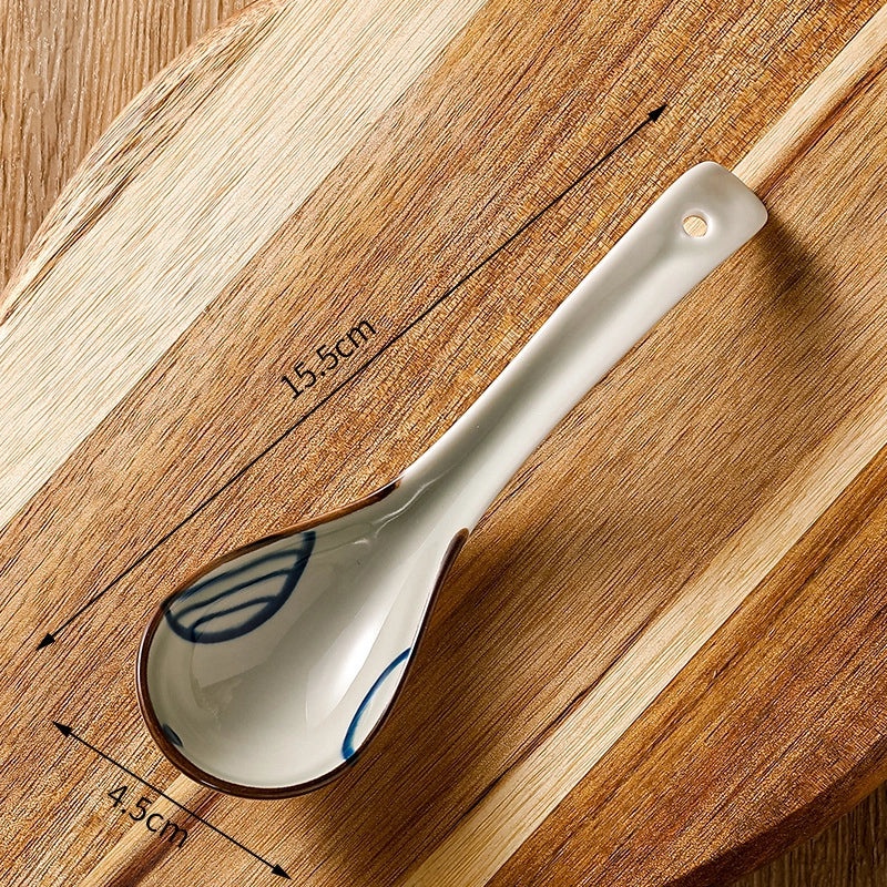 Unisex Ceramic Soup Spoon Kitchen Dining Utensil Blue White Cartoon Pattern