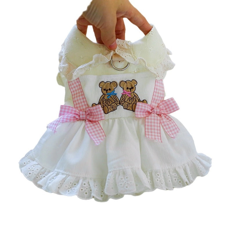 Spring Summer Pet Dress Fluffy Gauze Skirt with Embroidered Bear Cute Princess Style|Pet Clothing