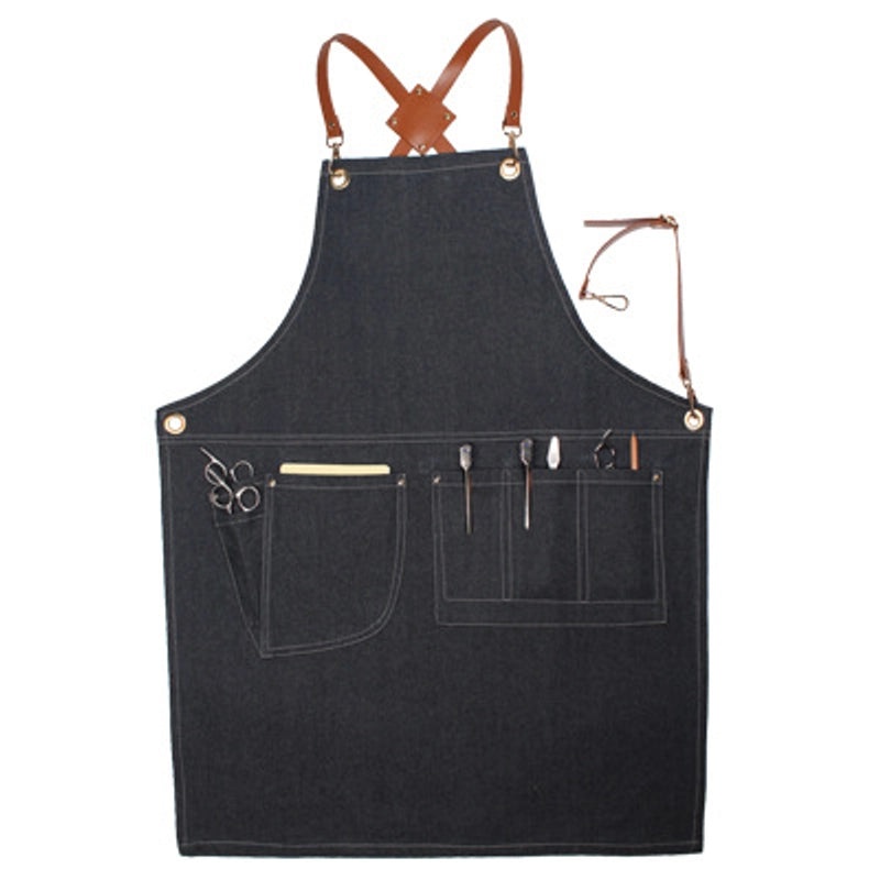 Denim Suspender Apron for Barista, Hair Stylist, Restaurant Staff, Floral Design, Unisex, Korean Style Workwear|Aprons & Workwear