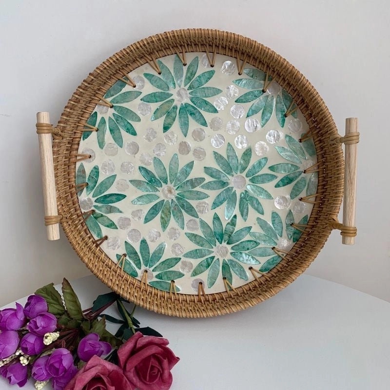 Handwoven Floral Rattan Shell Storage Basket for Casual Home Décor|Home Storage & Organization