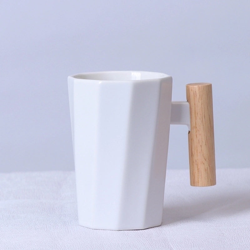 Matte Ceramic Mug with Solid Color and Wooden Handle | Home & Kitchen Drinkware