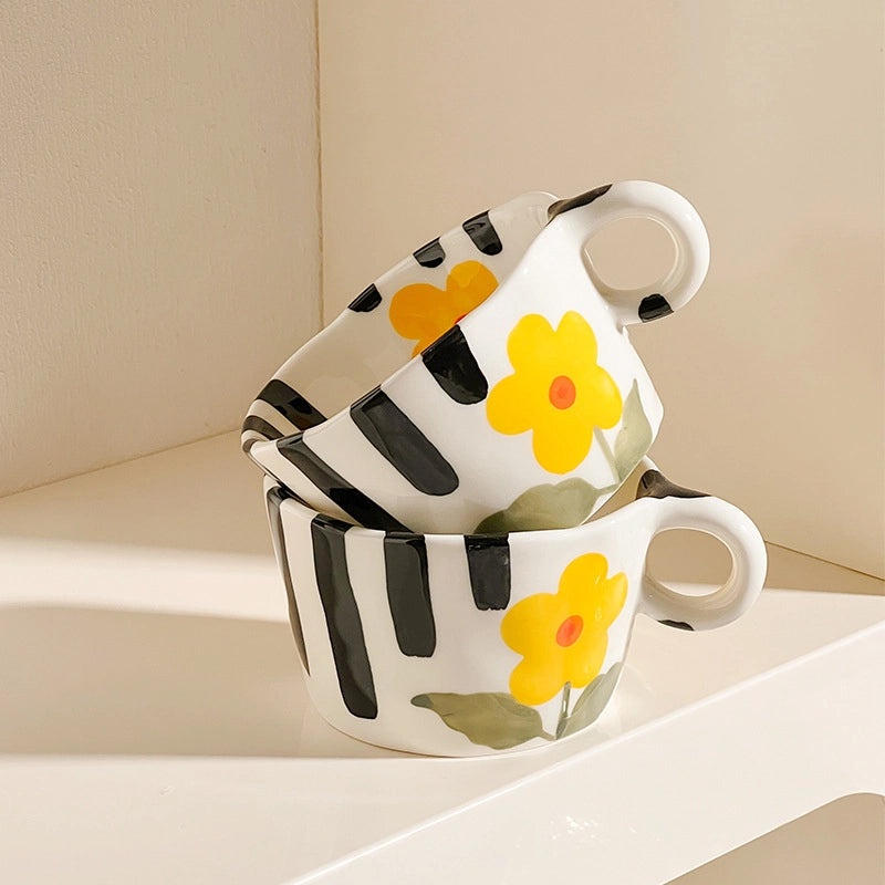 Handcrafted Ceramic Mug with Hand-painted Design Large Capacity Student Breakfast Cup | Drinkware & Mugs