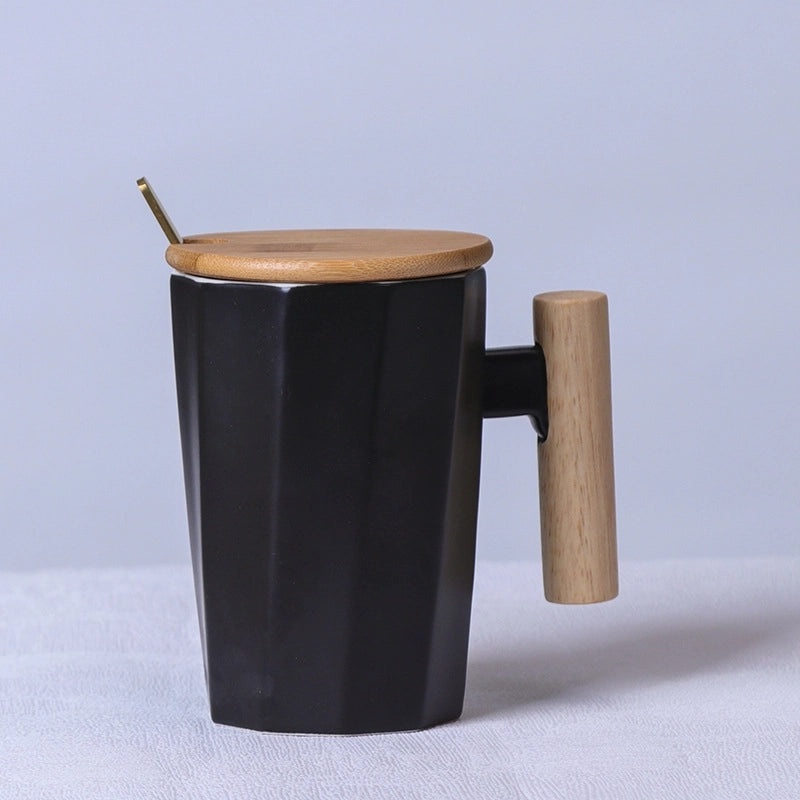 Matte Ceramic Mug with Solid Color and Wooden Handle | Home & Kitchen Drinkware