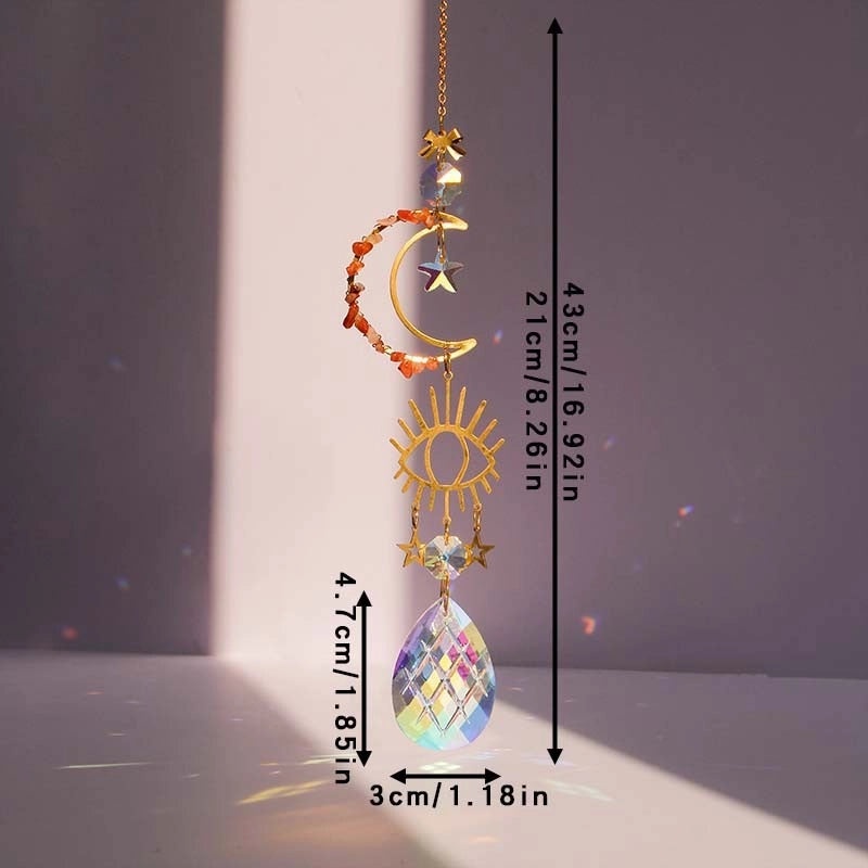 Minimalist Star and Moon Crystal Suncatcher Wind Chime with Natural Gravel Water Droplets | Home Decor