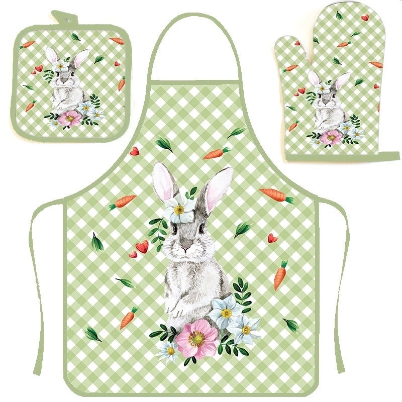 Cartoon Style Minimalist Polyester Apron with Heat Resistant Gloves|Kitchen Accessories