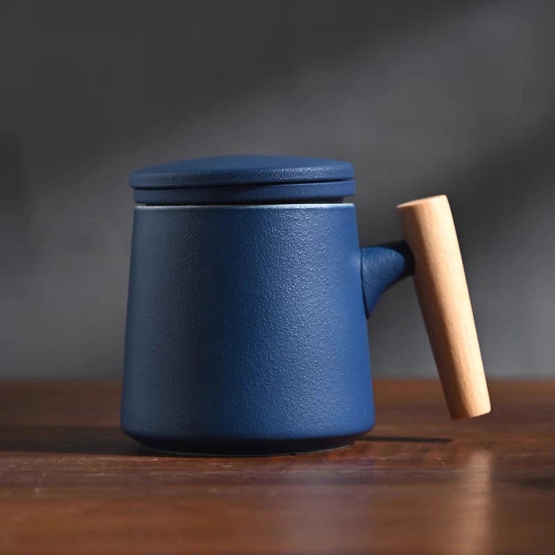 Wooden Handle Ceramic Mug Set with Lid and Filter Frosted Glass Simple Design Engraved Logo Gift Set|Kitchen & Dining