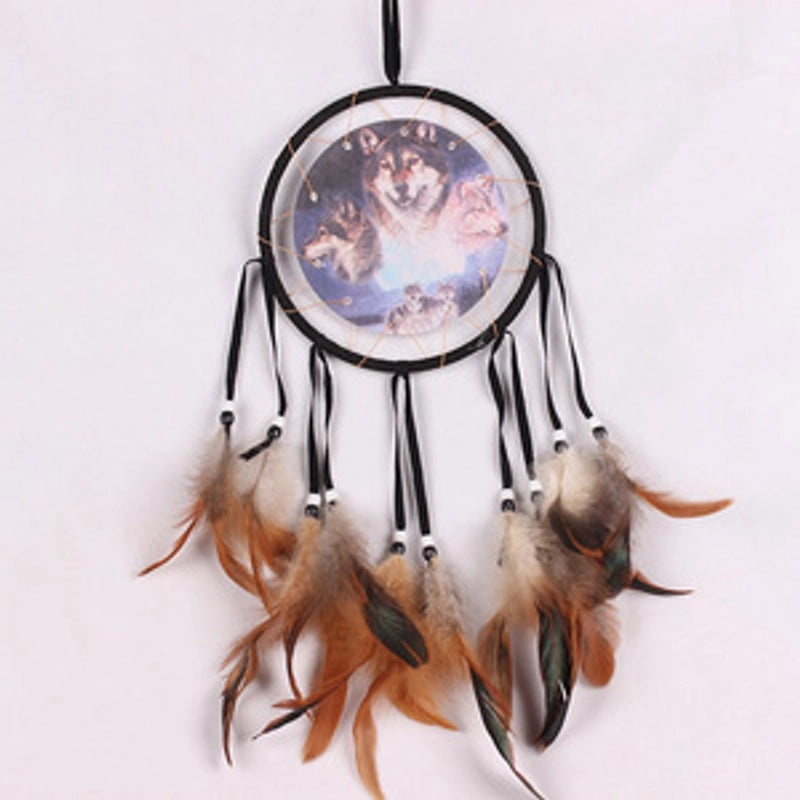 Wolf Head Dreamcatcher Oil Painting Wall Hanging with Natural Feathers | Home Decor & Wall Art