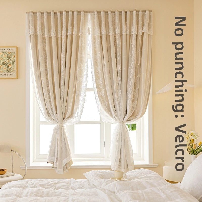 French Lace Hook & Loop Curtain Non-perforated Self-adhesive Bedroom Shading Net Red | Home Decor Curtains