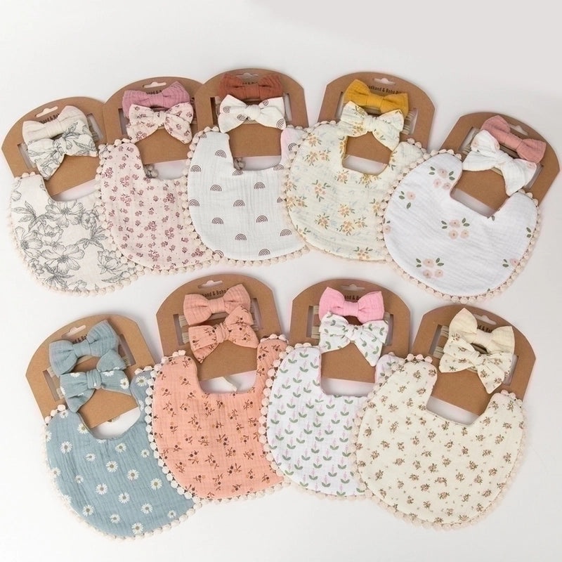 Double-layer Cotton Baby Bib with Bow Headband Set | Baby Accessories
