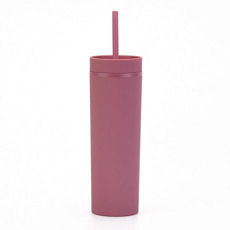 16oz Frosted Double-layer Plastic Tumbler with Straight Straw | Drinkware & Cups