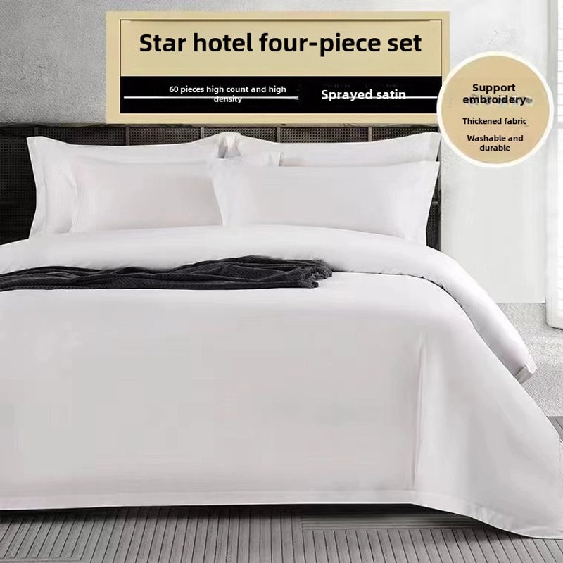 Pure Cotton Hotel Bedding Set Four-piece White Satin Quilt Cover Sheet Pillowcase | Home Textiles