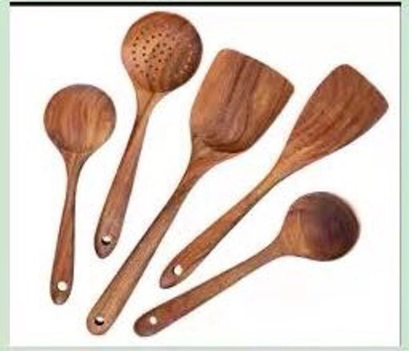 7-piece Teak Wood Kitchen Utensil Set Including Spatula, Soup Spoon & Colander | Kitchenware & Cooking Tools