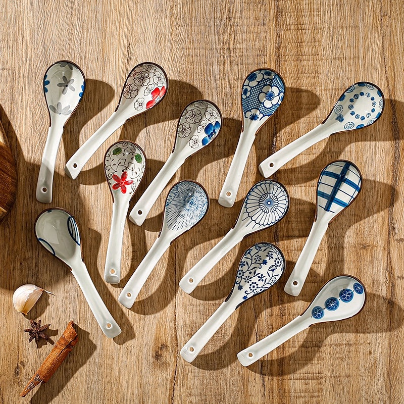 Unisex Ceramic Soup Spoon Kitchen Dining Utensil Blue White Cartoon Pattern