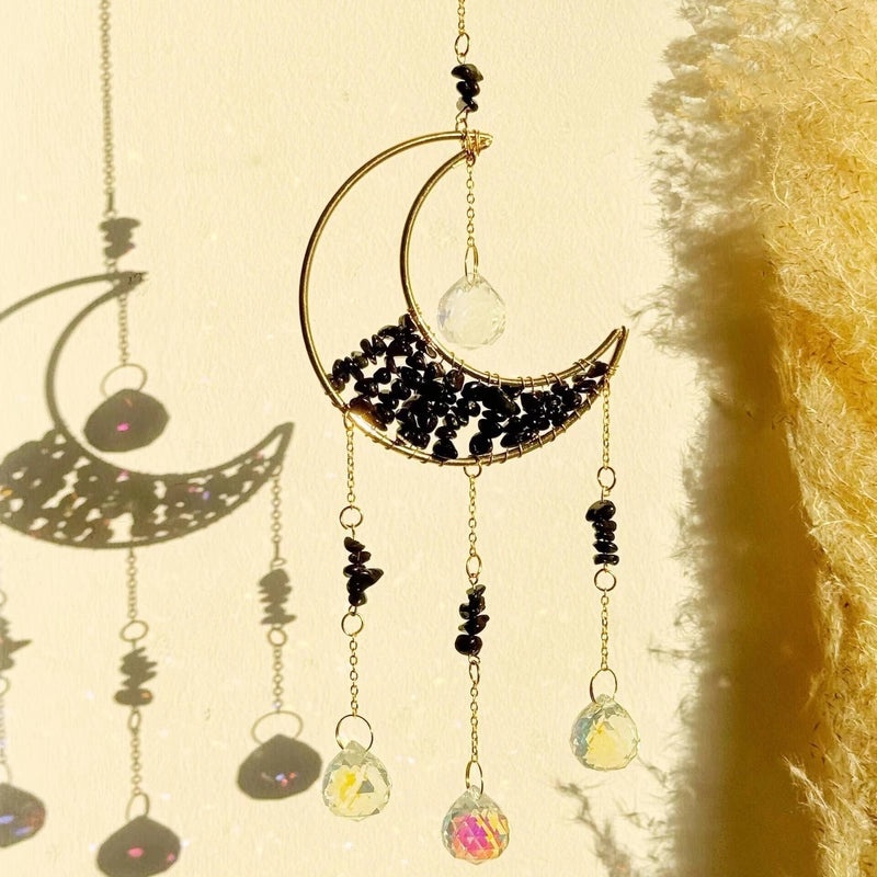 Elegant Amethyst Crystal Moon Pendant Wind Chime Decorative Water Droplets | Home Decor Accessories