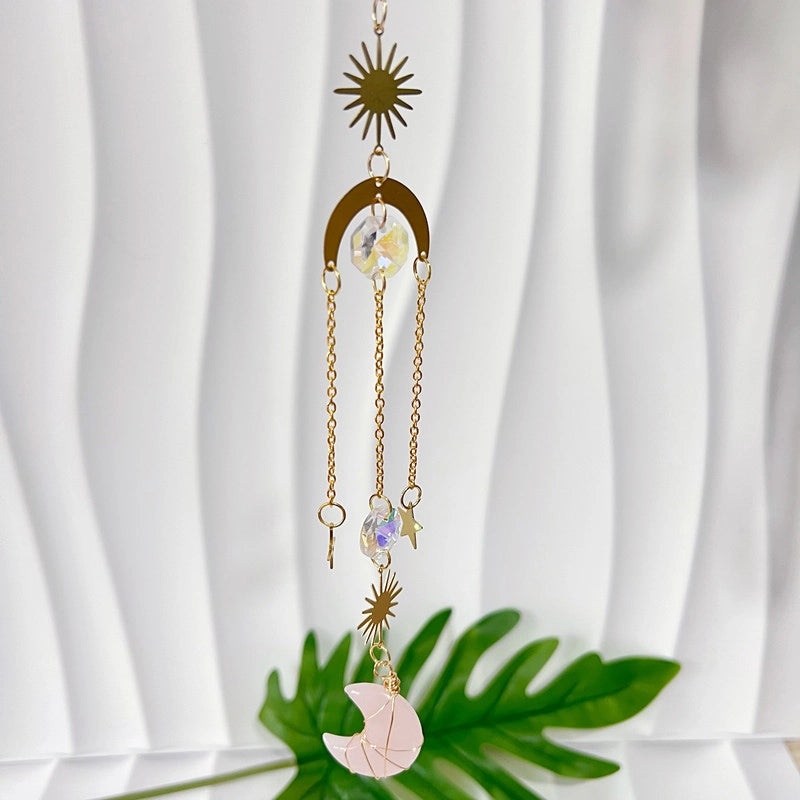 Minimalist Sun and Moon K9 Crystal Brass Suncatcher Wind Chime Decorative Wall Art|Home Decor
