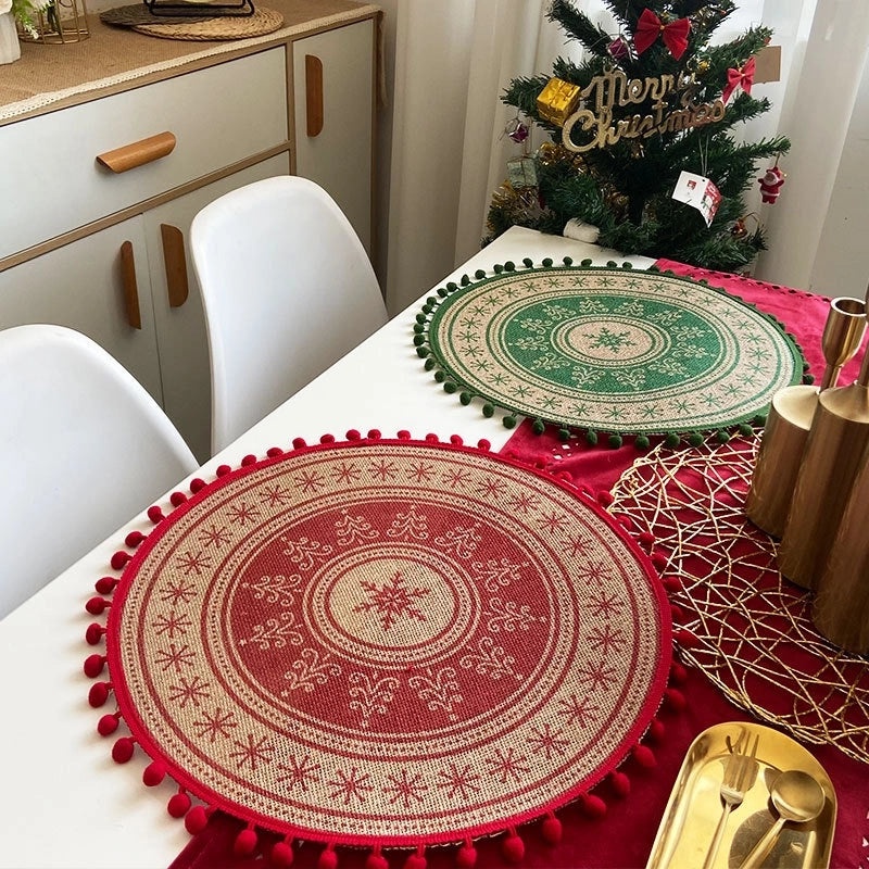 Nordic Christmas Tree and Santa Claus Jute Placemat for Holiday Table Decor|Home & Kitchen Table Linens