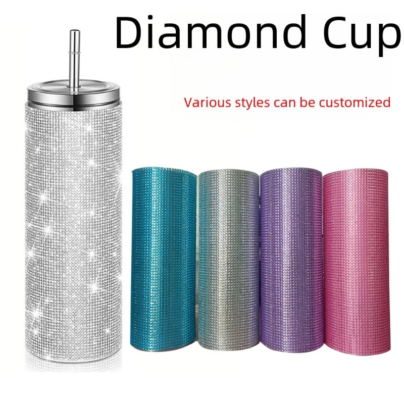 20oz Stainless Steel Straight Diamond Rhinestone Vacuum Straw Coffee Cup | Drinkware & Tumblers