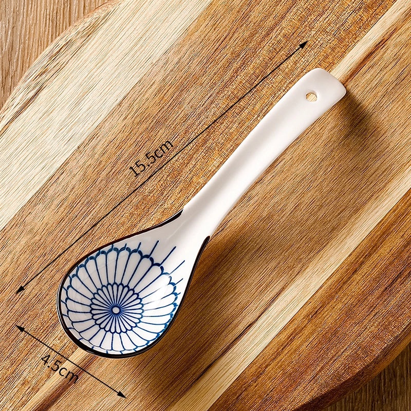 Unisex Ceramic Soup Spoon Kitchen Dining Utensil Blue White Cartoon Pattern