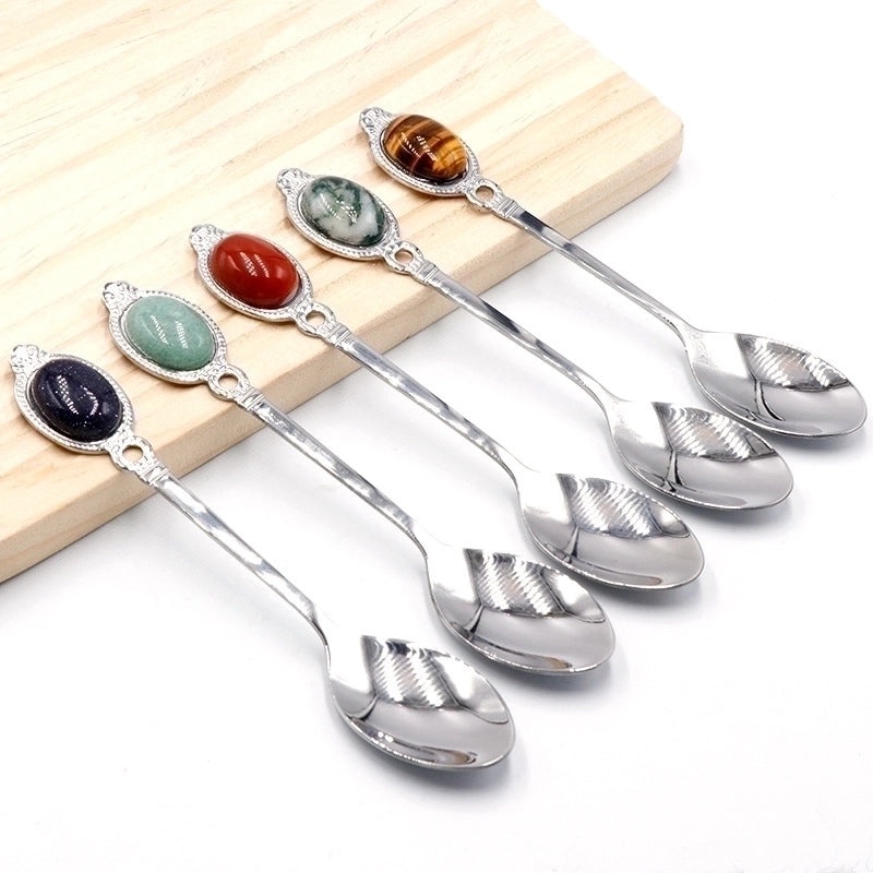 Vintage Solid Color Stainless Steel Spoon with Natural Stone Handle | Kitchen Utensils & Cutlery
