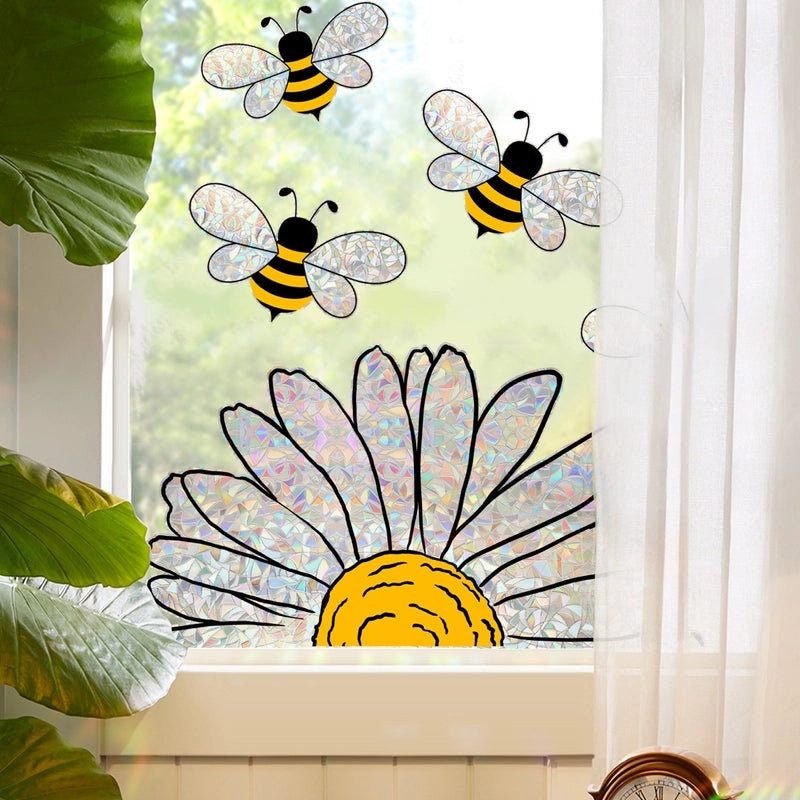 Sunflower Bee Double-sided Window Stickers Colorful Sunlight Static Decals for Home Decor|Window Decorations