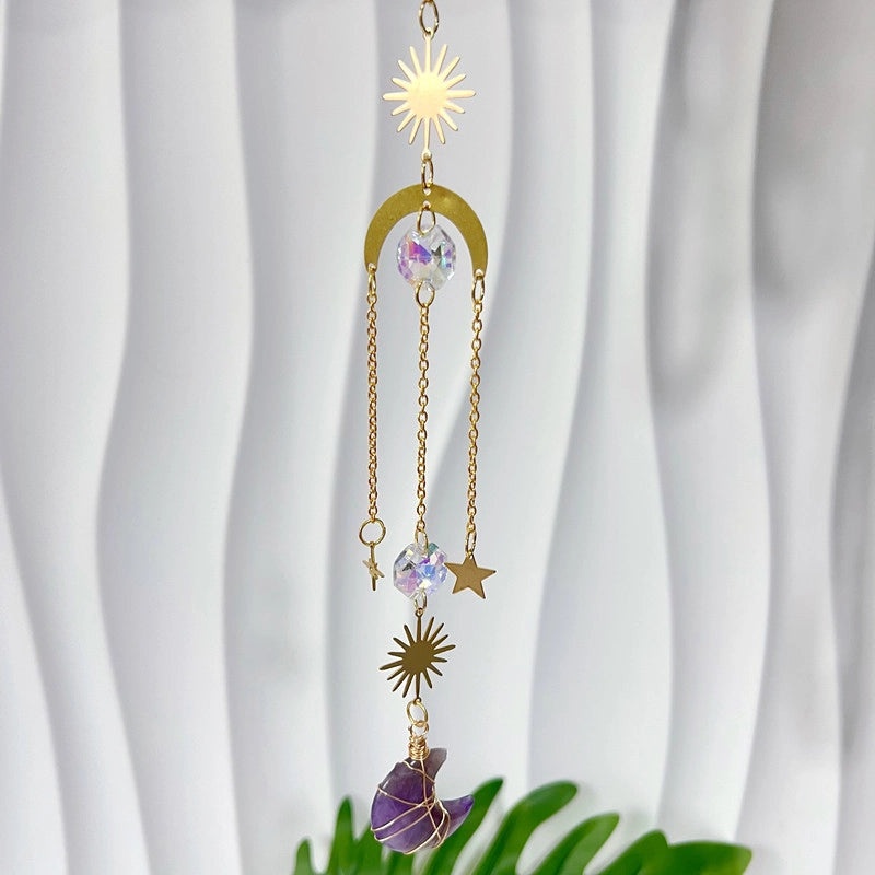 Minimalist Sun and Moon K9 Crystal Brass Suncatcher Wind Chime Decorative Wall Art|Home Decor