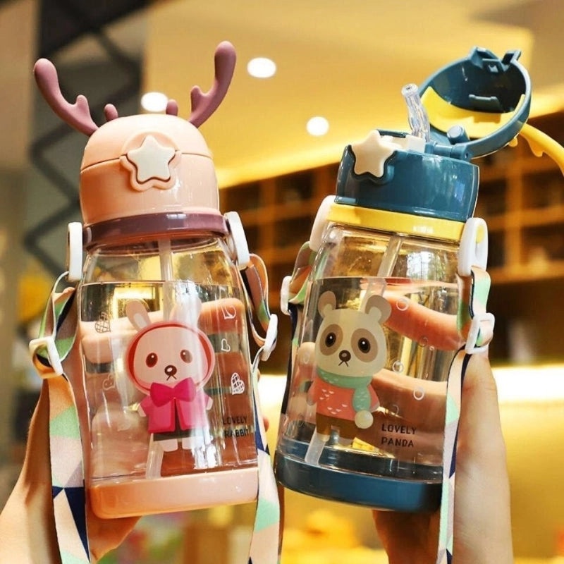 Kids Drop-Resistant Water Bottle with Straw Cute Antler Design for Kindergarten & Primary School Students|Children's Drinkware