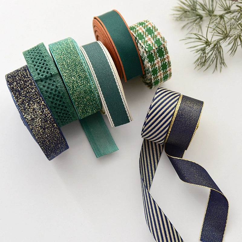 Christmas Green Plaid Linen Glitter Velvet Mesh Ribbon Bow for Christmas Tree Decoration|Christmas Decorative Ribbons
