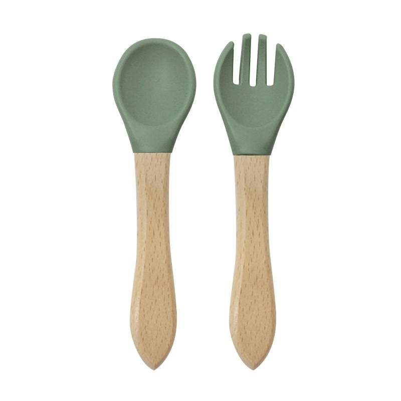 Wood and Silicone Spoon Fork Set, 2 Pieces Casual Solid Color | Kitchen Utensils & Cutlery