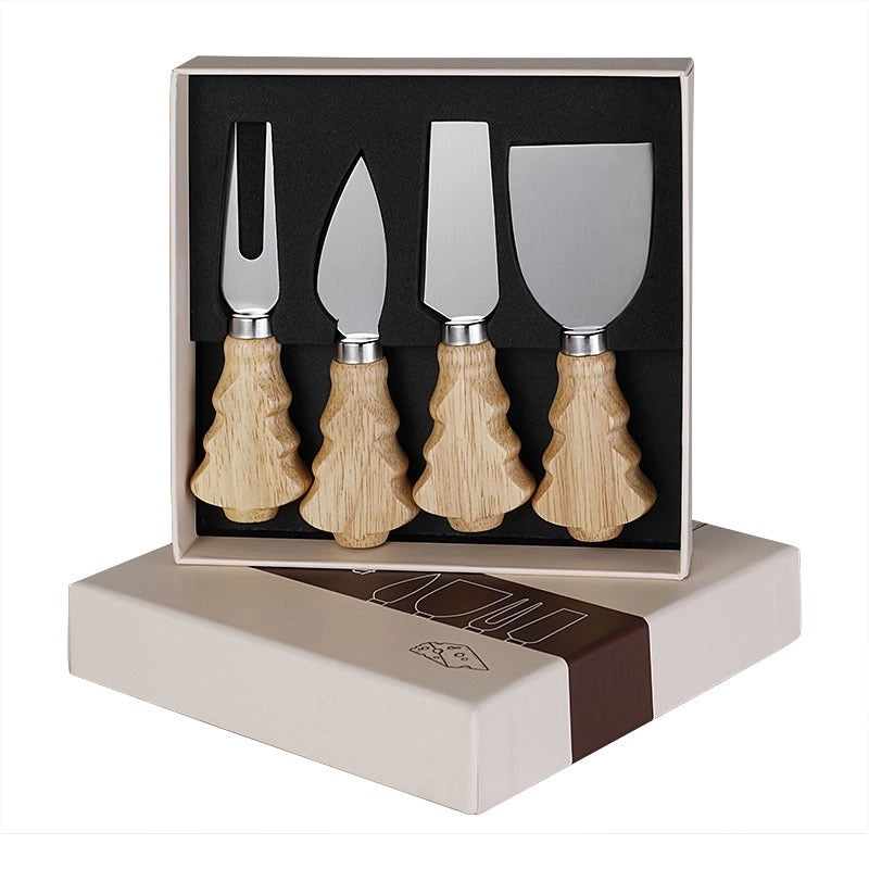 4-Piece Stainless Steel Cheese Knife Set with Rubber Wood Handles Christmas Tree Design|Kitchen & Dining Cutlery Sets